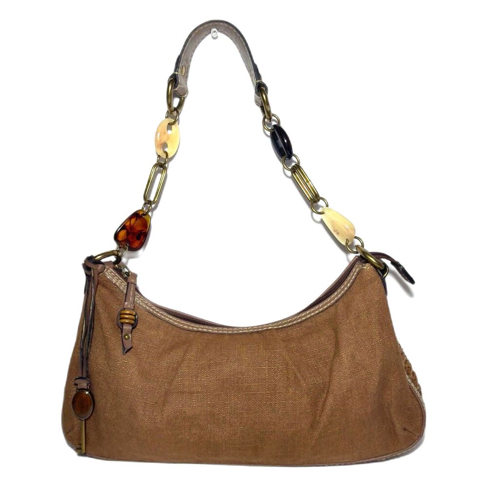 Fossil Modern Vintage Brown Boho Shoulder Bag Chain Key Charm 13x7 in EUC